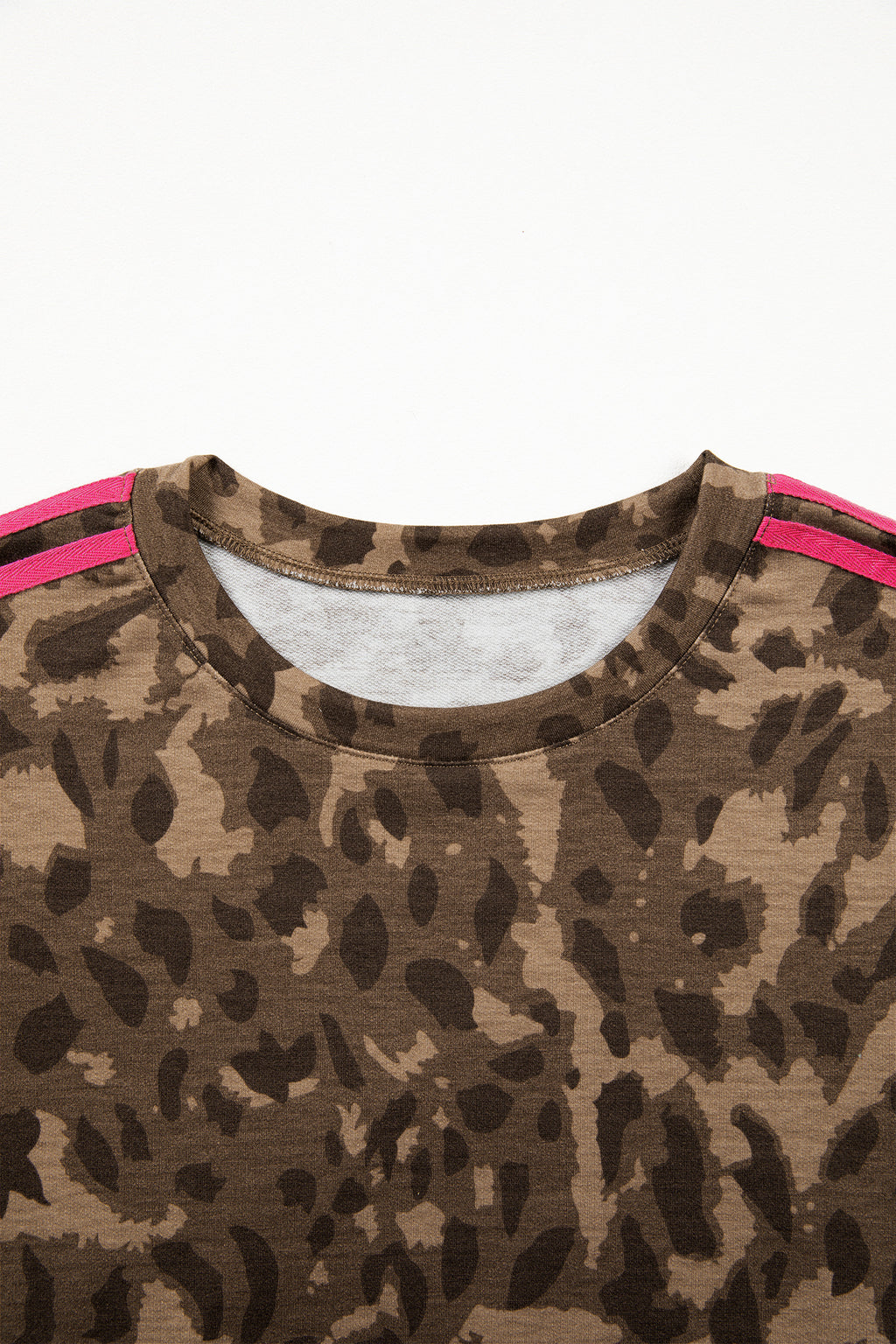 Brown Loose Contrast Striped Accent Leopard T Shirt Mini Dress with Pockets