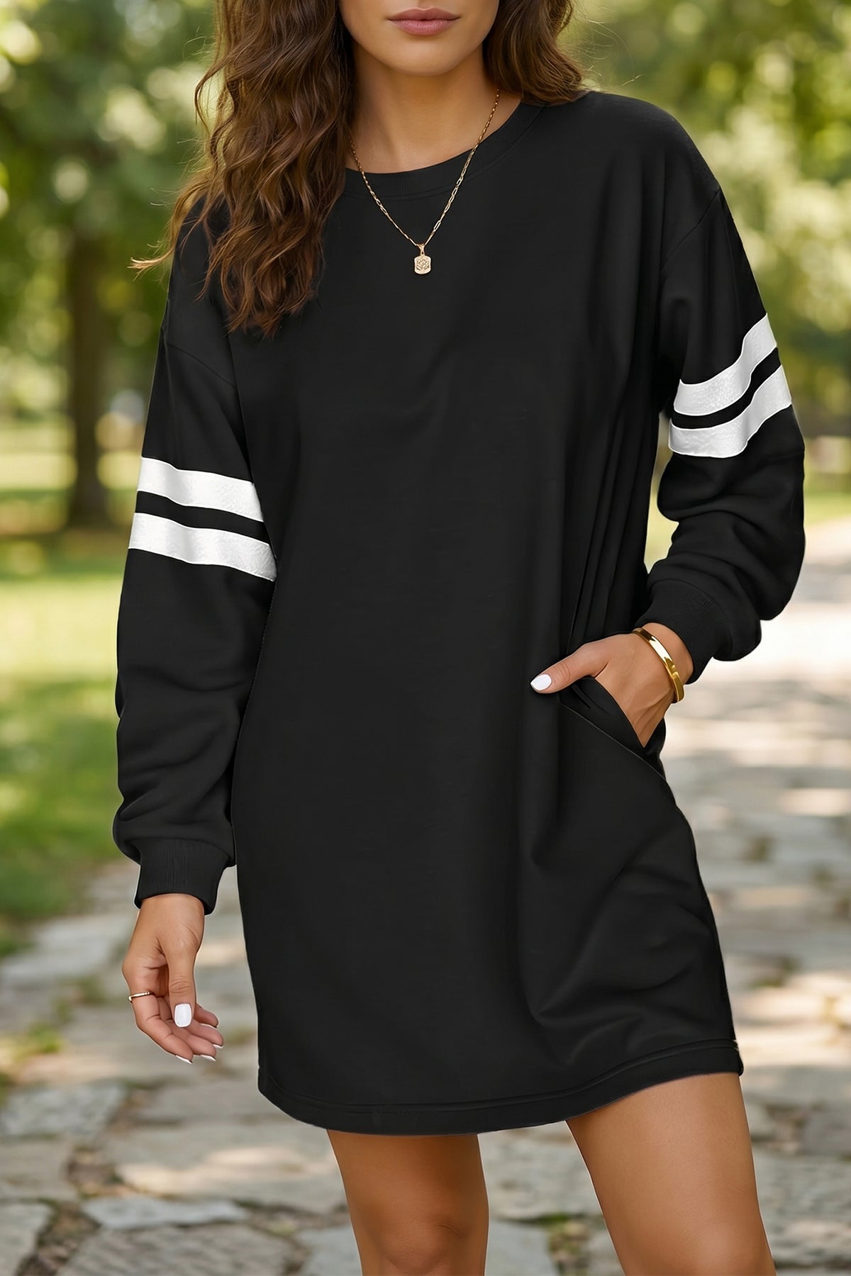 Fiery Red Varsity Contrast Banded Sleeve Shift Sweatshirt Dress