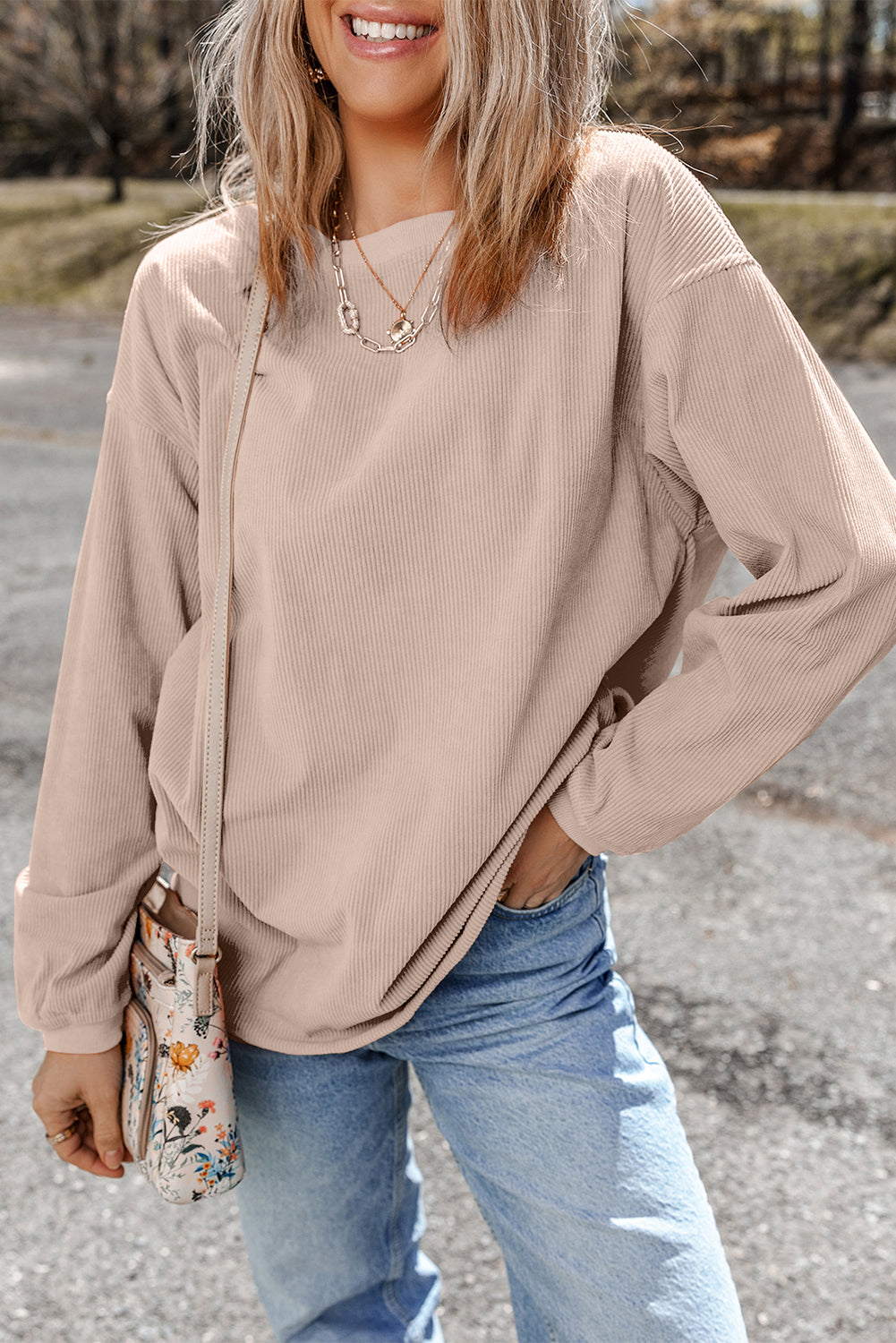 Smoke Gray Ribbed Corduroy Oversized Sweatshirt