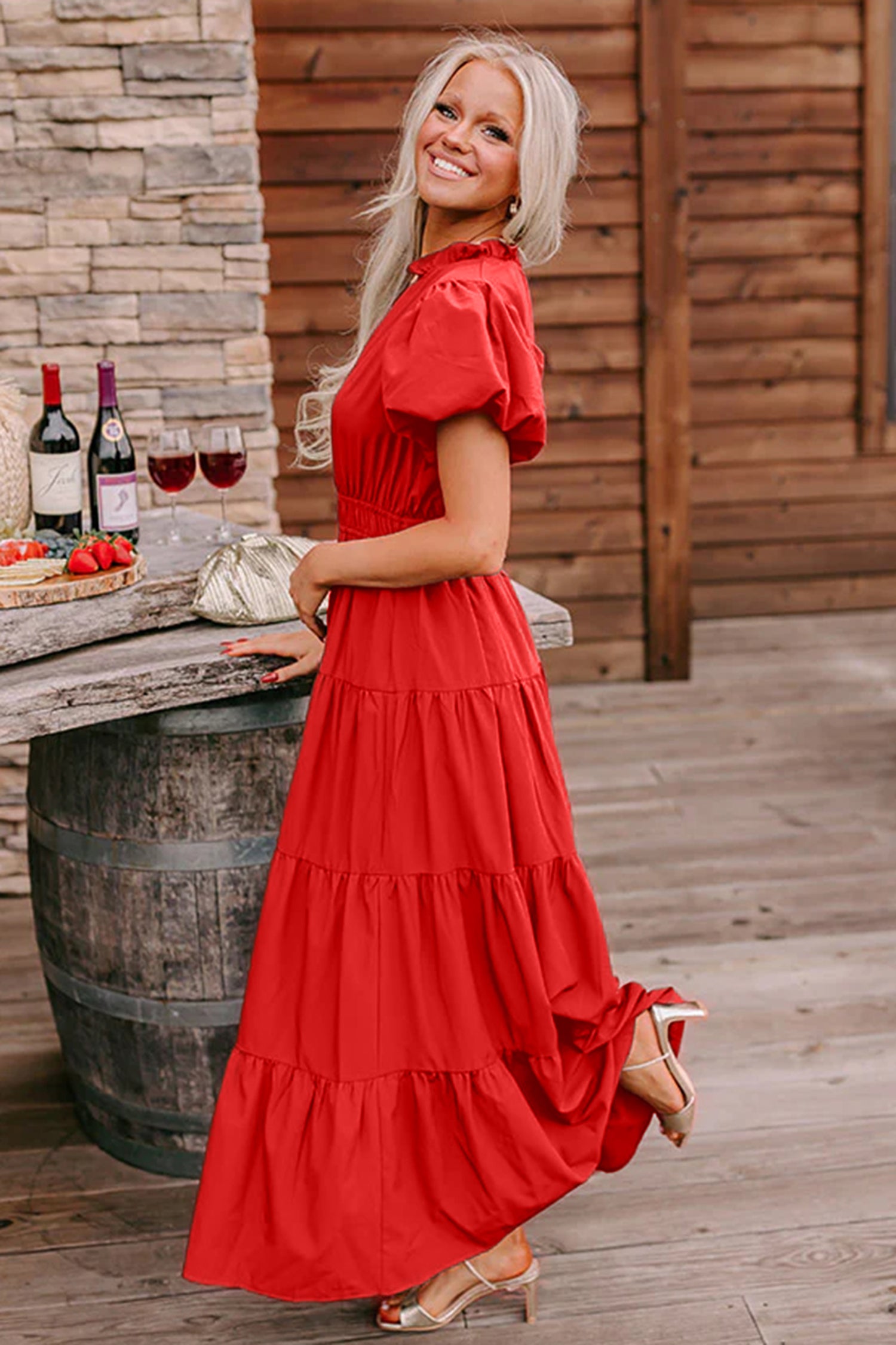 Clearly Aqua Solid Color V Neck Short Puff Sleeve High Waist Tiered Maxi Dress