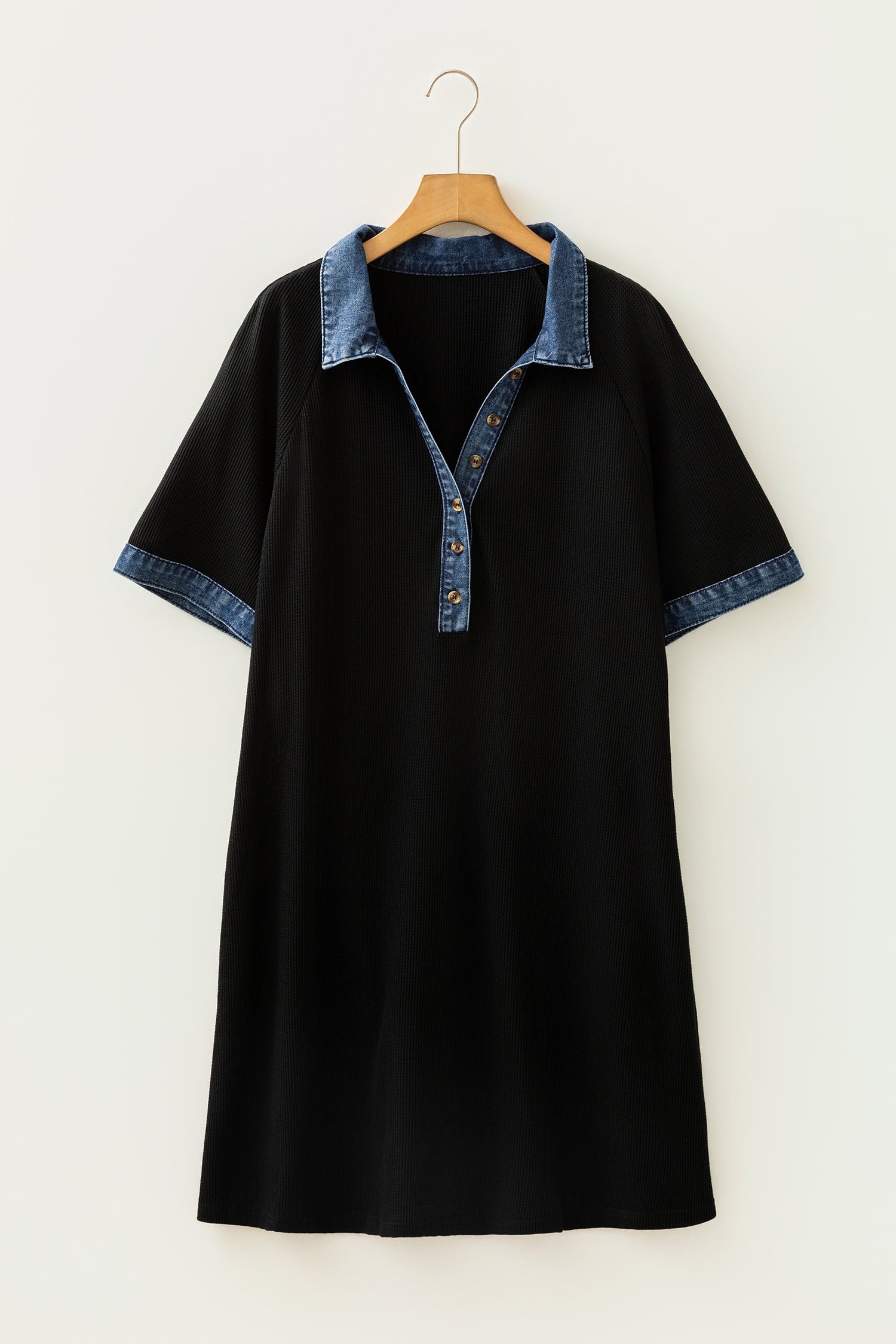 Black Colorblock Denim Collar Short Sleeve Plus Size Shift Dress