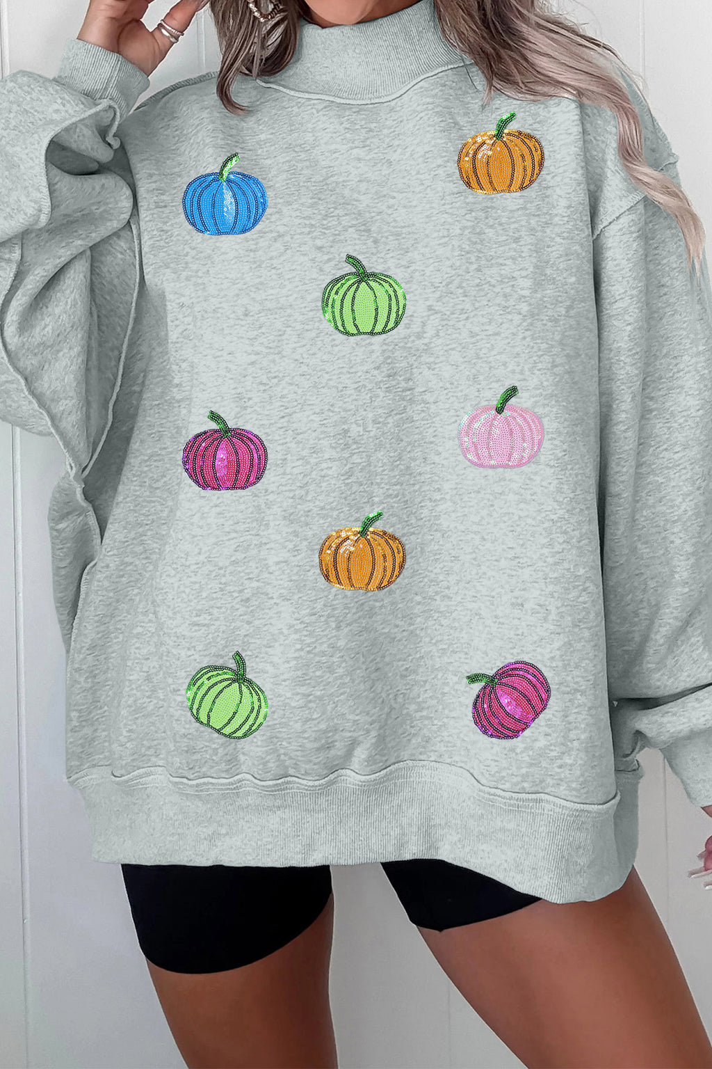 Gray Sequin Pumpkin Patch Mock Neck Baggy Sweatshirt
