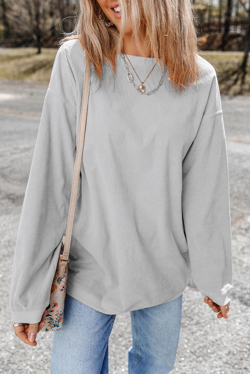 Smoke Gray Ribbed Corduroy Oversized Sweatshirt