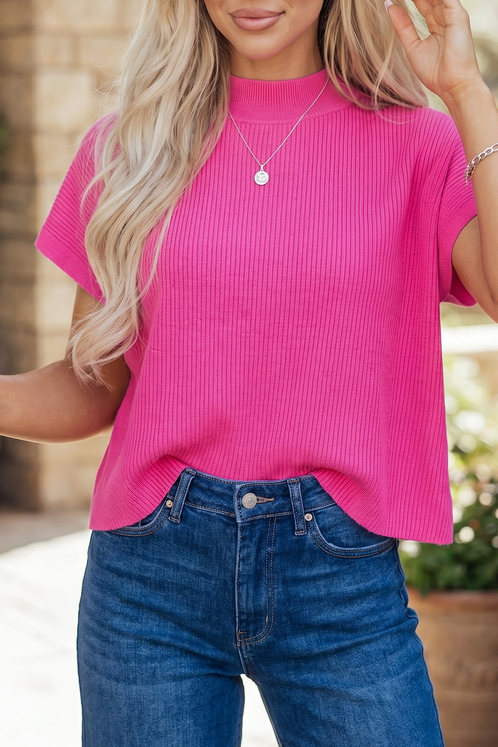 Bright Pink Solid Color Ribbed Knit Mock Neck Loose Short Sleeve Sweater