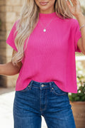 Bright Pink Solid Color Ribbed Knit Mock Neck Loose Short Sleeve Sweater