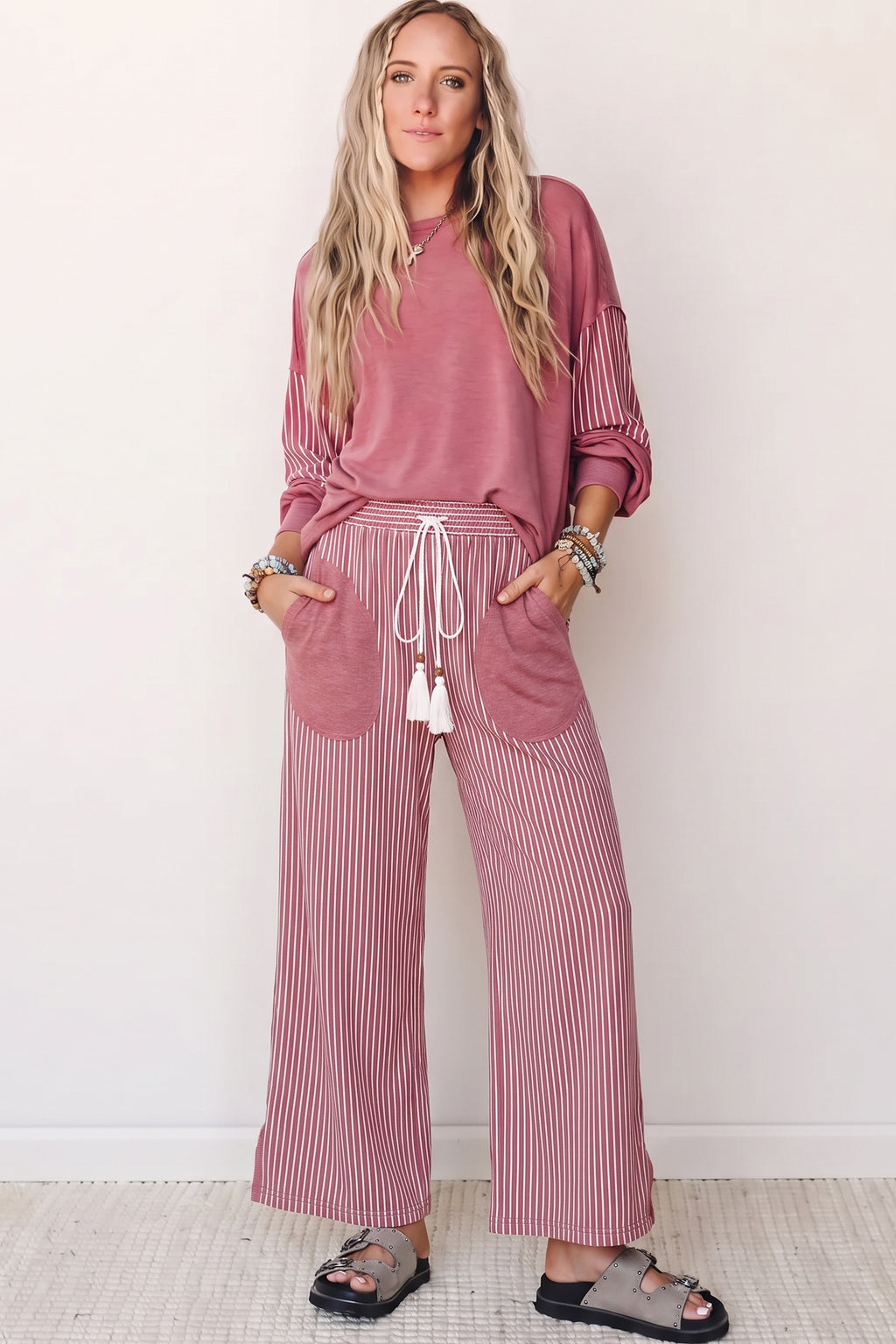 Fushia Raw Seam Patchwork Long Sleeve Top Pocket Casual Pants 2pcs Set