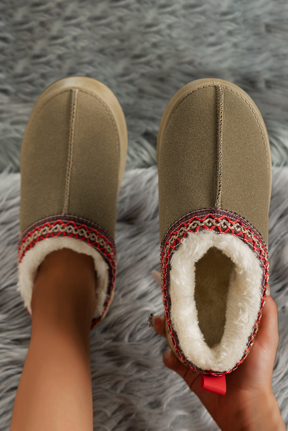 Sage Green Faux Suede Embroidered Detail Plush Lined Platform Slippers
