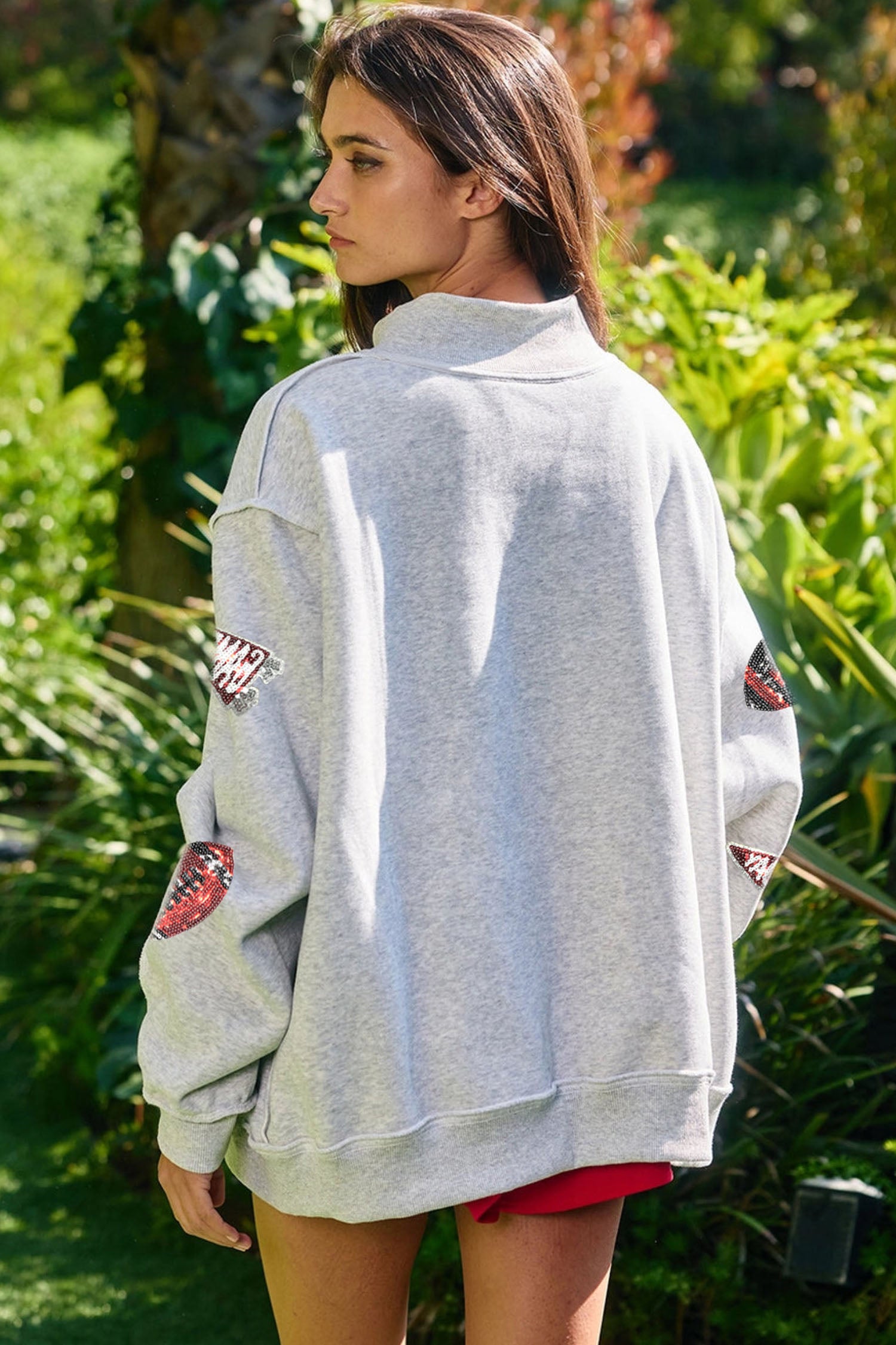 Light Grey Sequin Rugby Game Day High Neck Baggy Sweatshirt