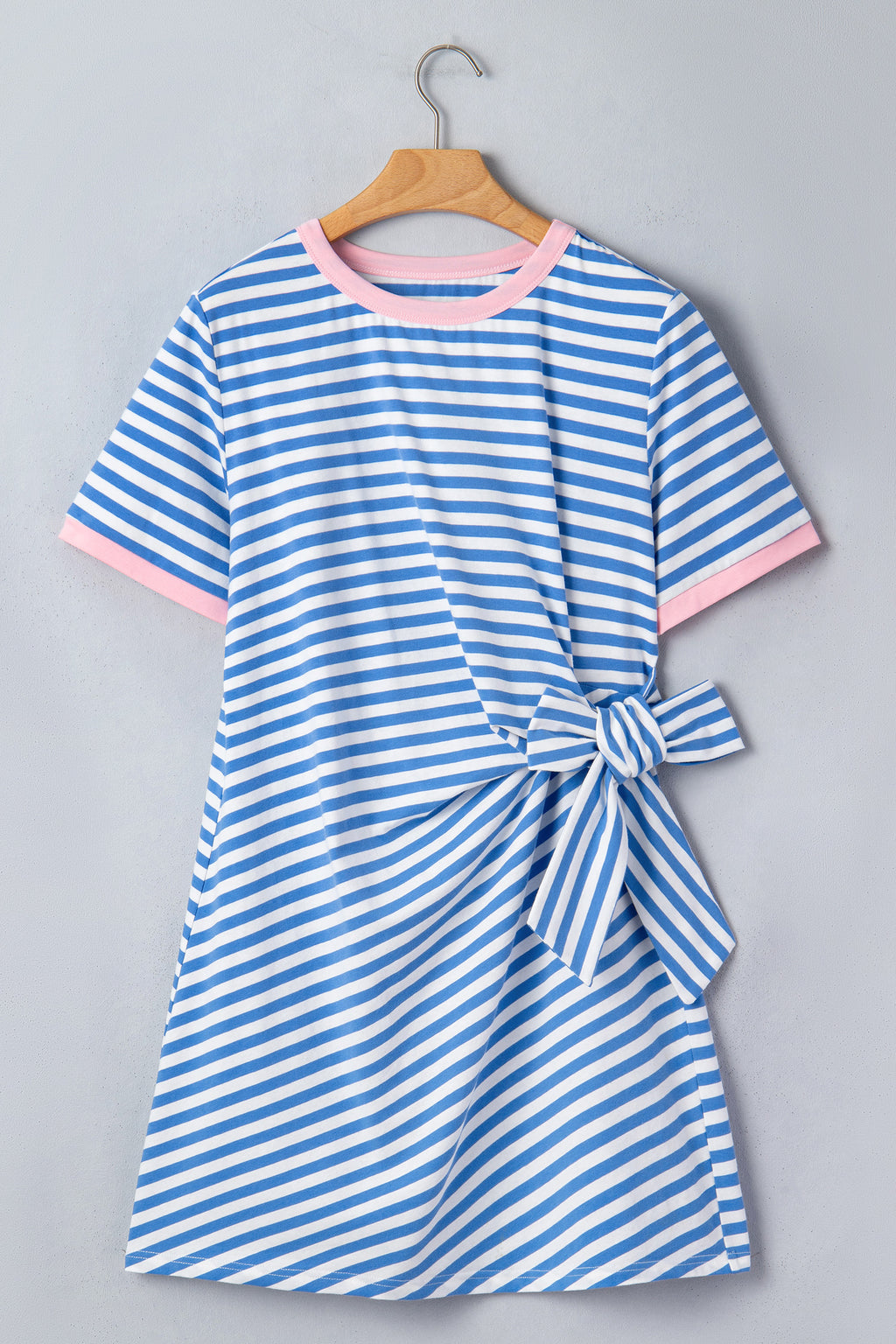 Sky Blue Stripe Nautical Tie Contrast Trim Round Neck T Shirt Mini Dress