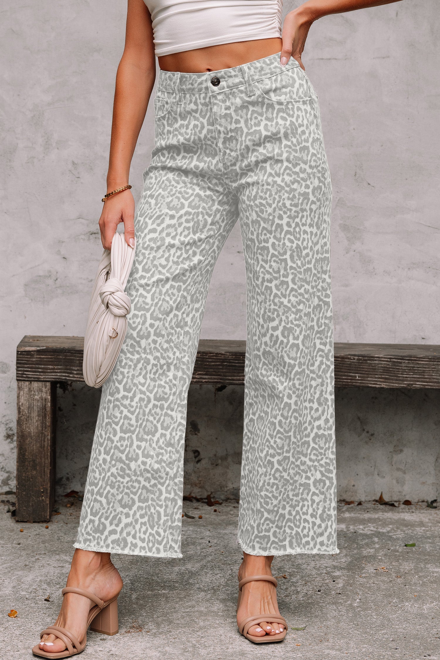 Rose Leopard Frayed Edge Wide Leg High Waist Jeans