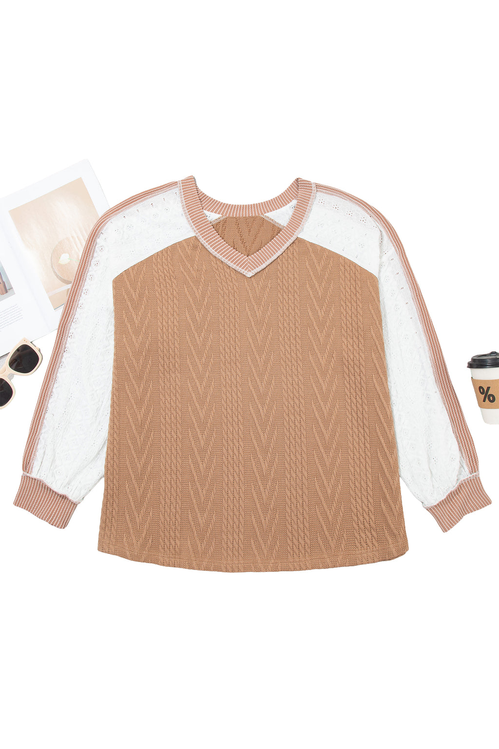 Coffee V Neck Lace Sleeve Patchwork Plus Size Blouse