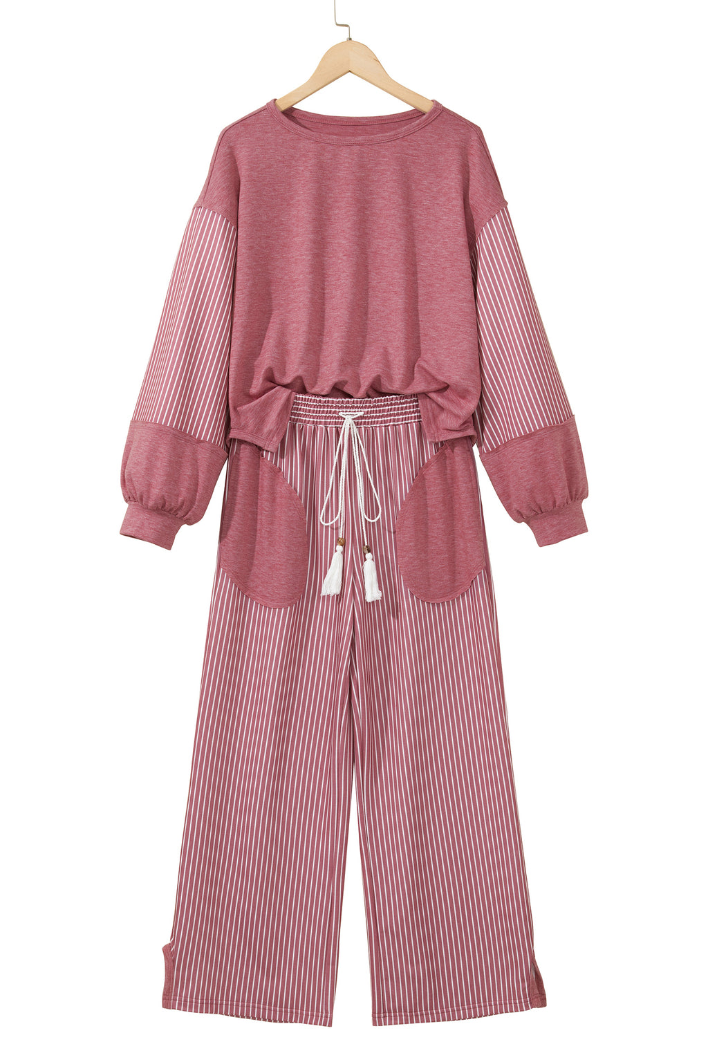Fushia Raw Seam Patchwork Long Sleeve Top Pocket Casual Pants 2pcs Set