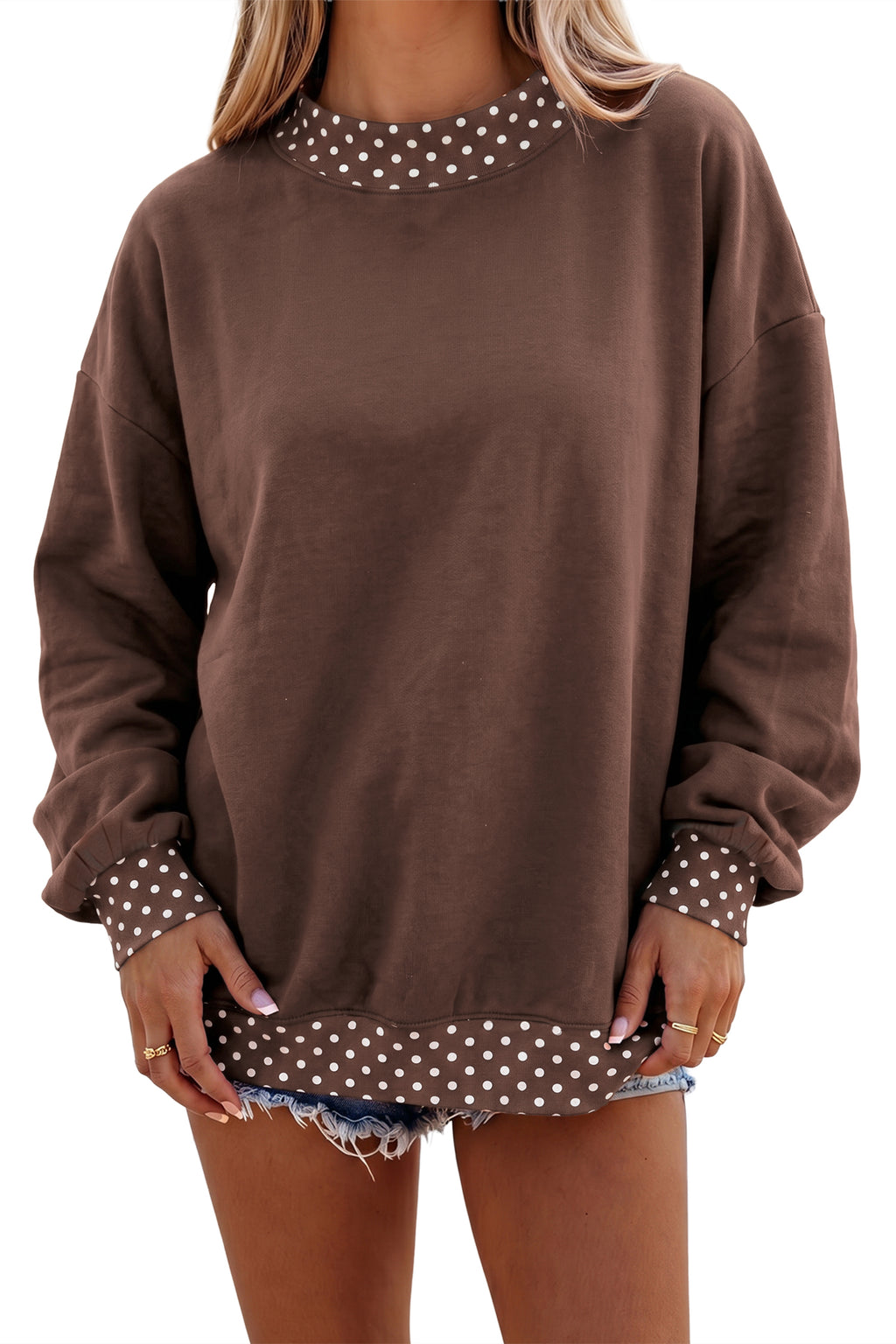 Pink Colorblock Polka Dot Contrast Trim Oversized Sweatshirt