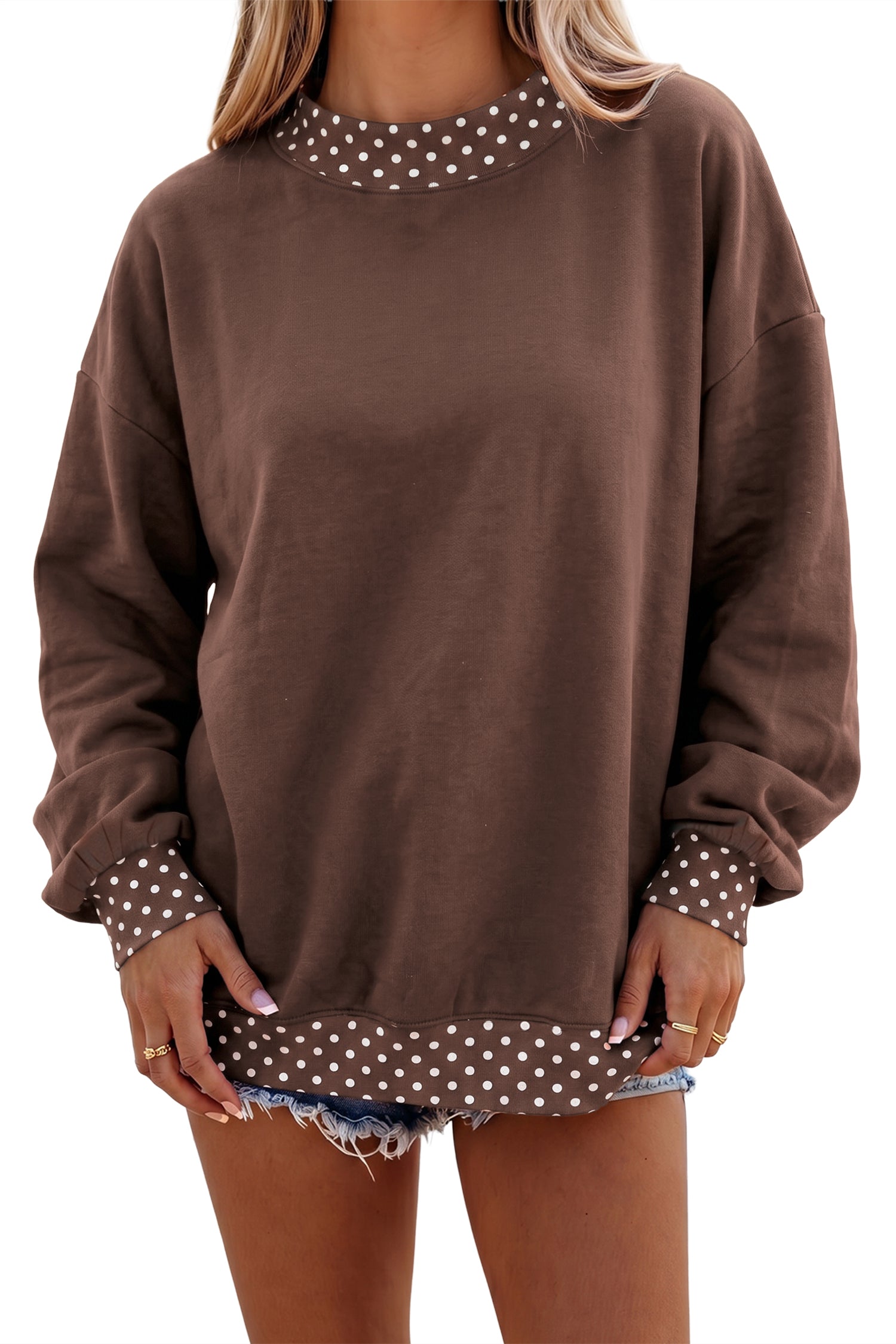 Pink Colorblock Polka Dot Contrast Trim Oversized Sweatshirt