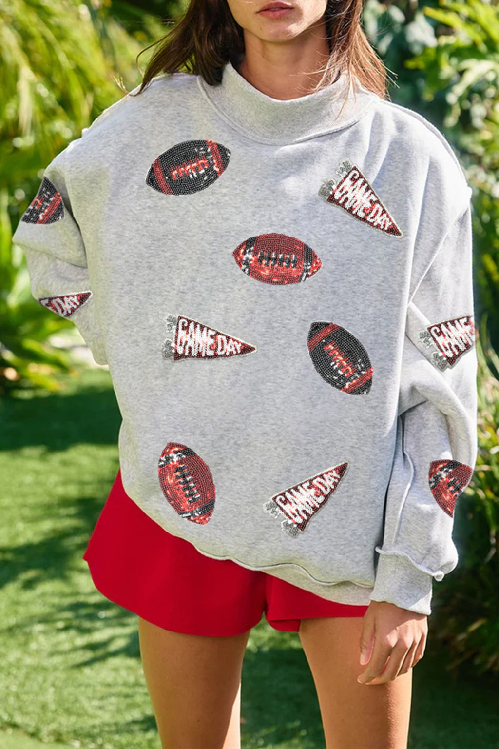 Light Grey Sequin Rugby Game Day High Neck Baggy Sweatshirt