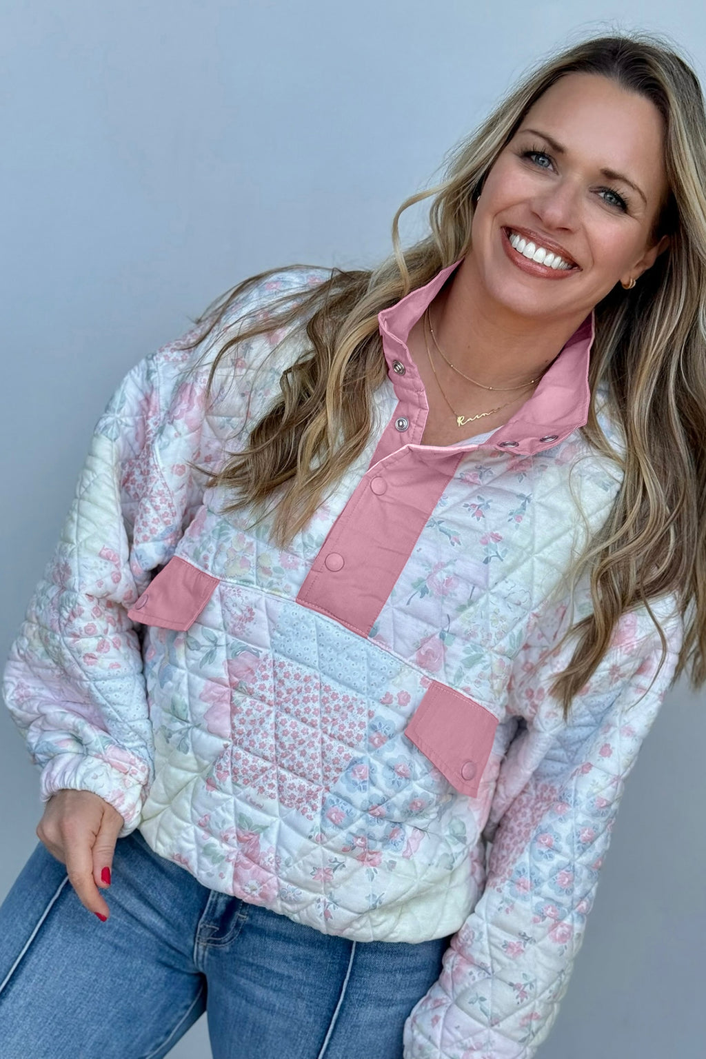 Pink Floral Quilted V-Neck Plus Size Fake Pocket Sweatshirt