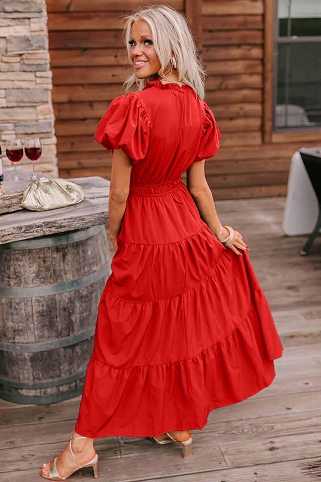 Clearly Aqua Solid Color V Neck Short Puff Sleeve High Waist Tiered Maxi Dress