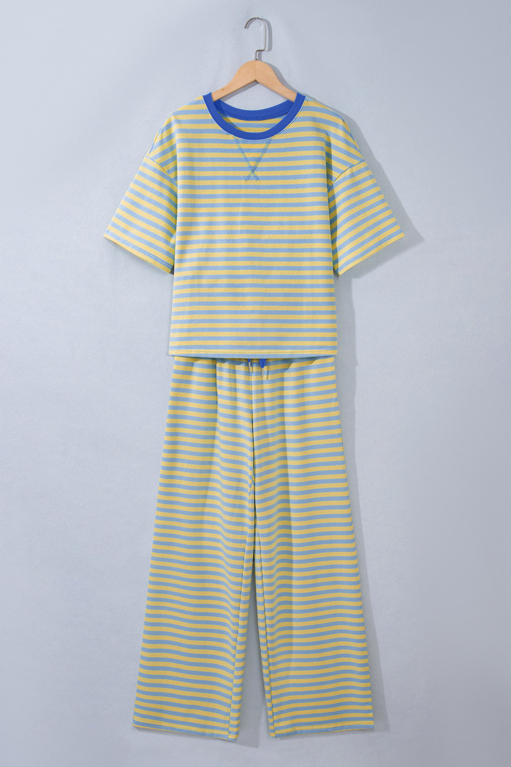 Pink Stripe Colorblock Trim Crew Neck Loose Tee Drawstring Elastic Waist 2pcs Pant Set