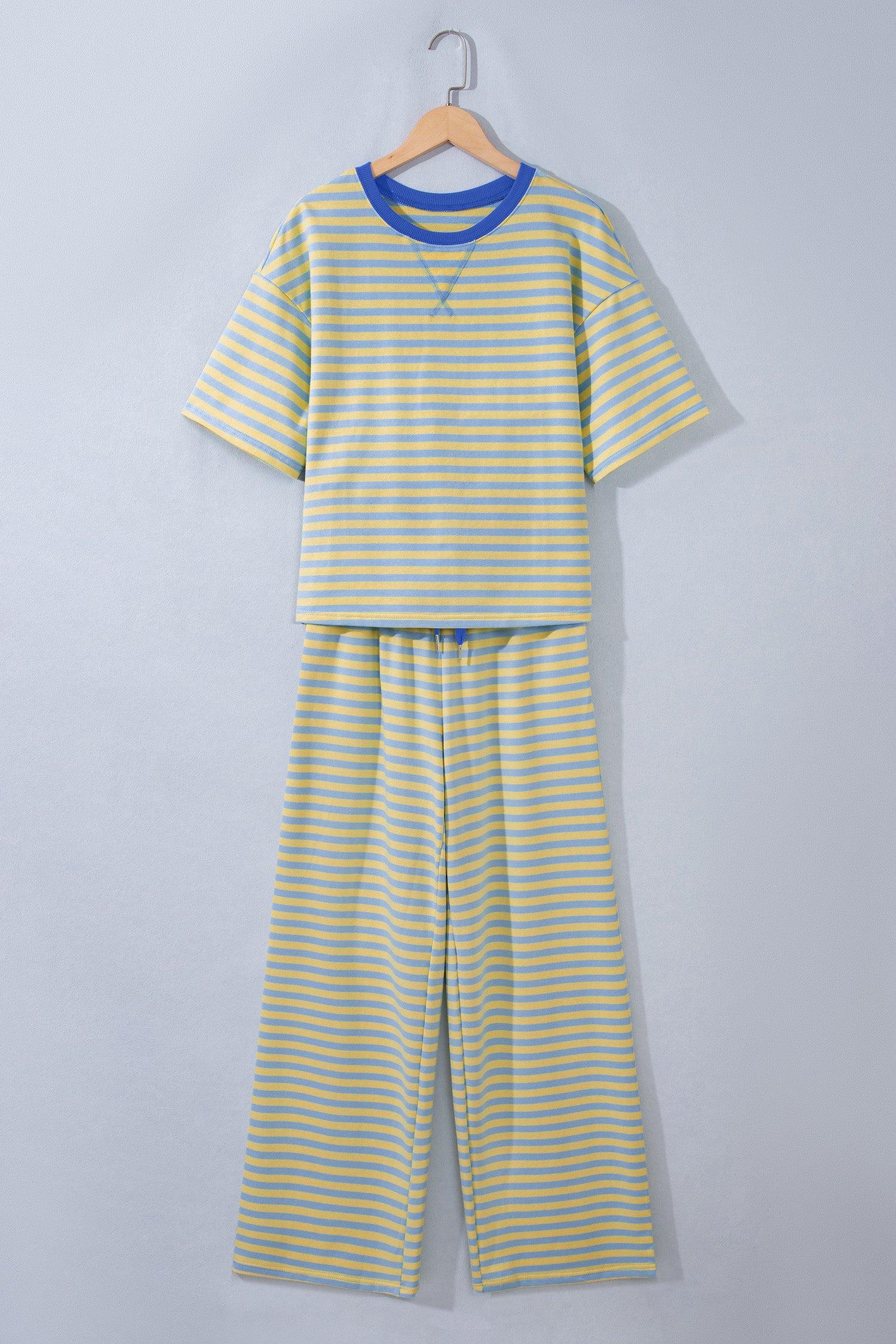 Pink Stripe Colorblock Trim Crew Neck Loose Tee Drawstring Elastic Waist 2pcs Pant Set
