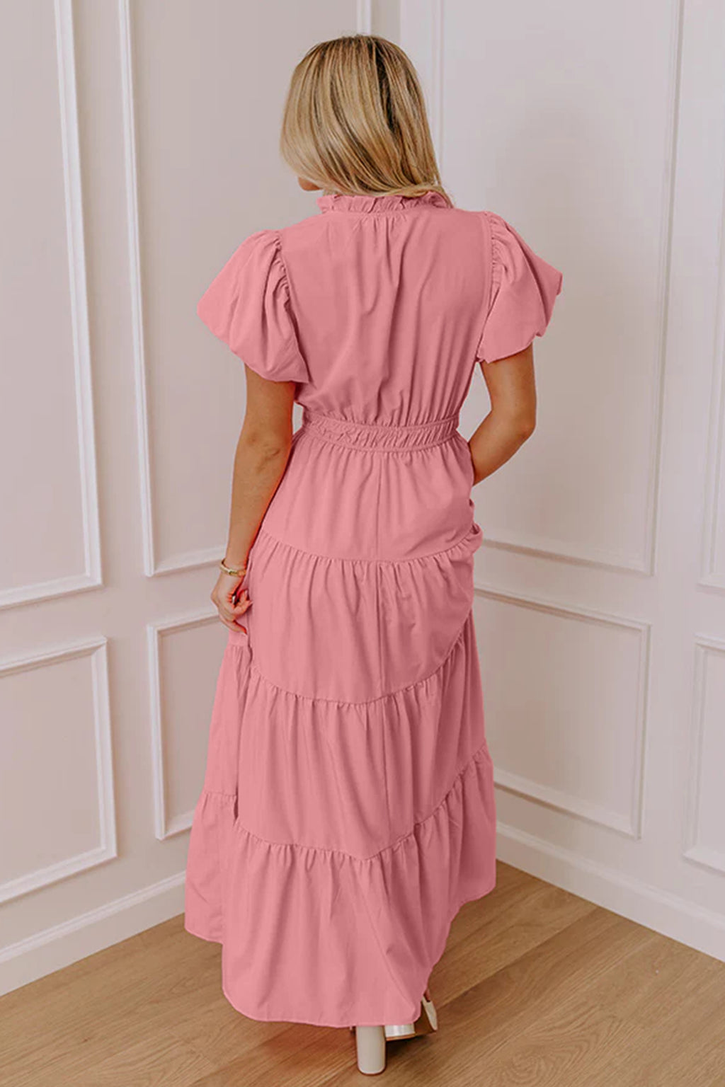 Clearly Aqua Solid Color V Neck Short Puff Sleeve High Waist Tiered Maxi Dress