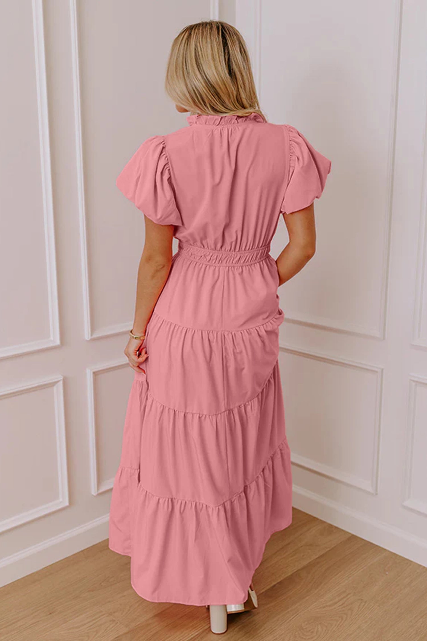Clearly Aqua Solid Color V Neck Short Puff Sleeve High Waist Tiered Maxi Dress
