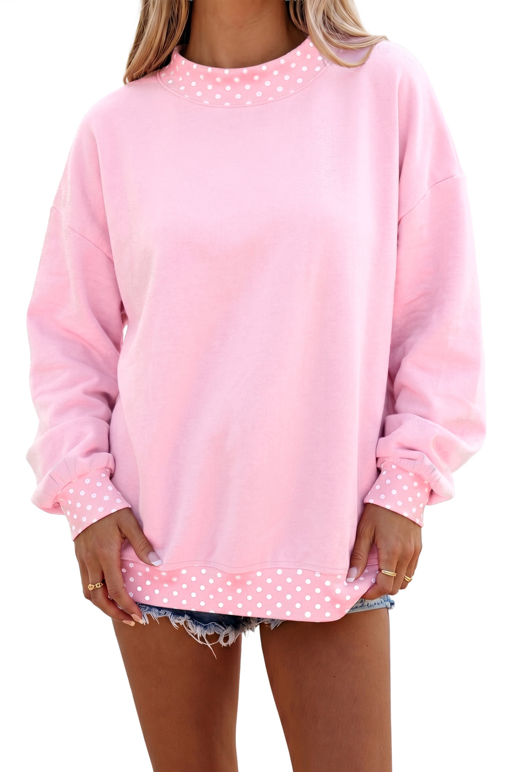 Pink Colorblock Polka Dot Contrast Trim Oversized Sweatshirt