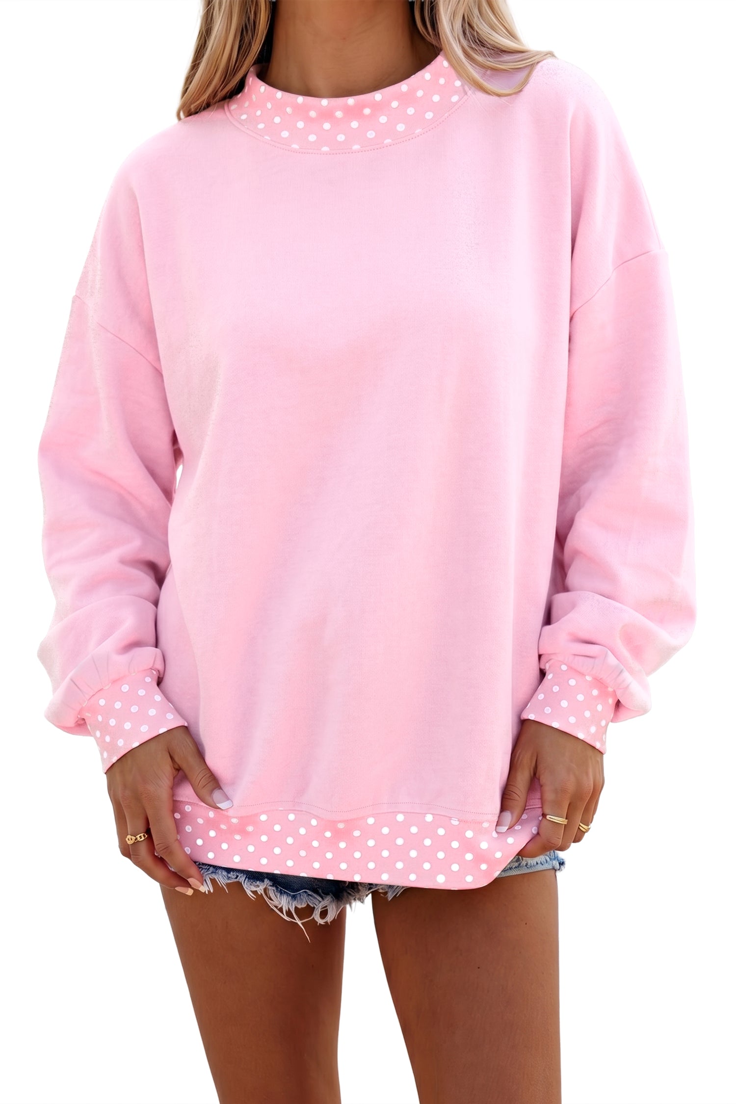 Pink Colorblock Polka Dot Contrast Trim Oversized Sweatshirt