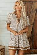 Brown Stripe Shirt Collar Color Block Patchwork Trim Ruffle Hem Short Dress