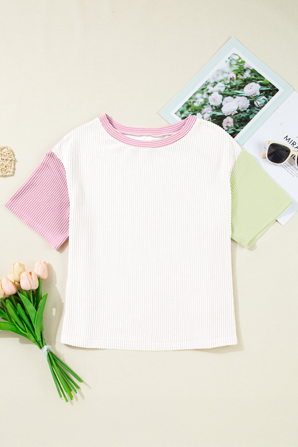 White Corded Colorblock Crewneck Tee
