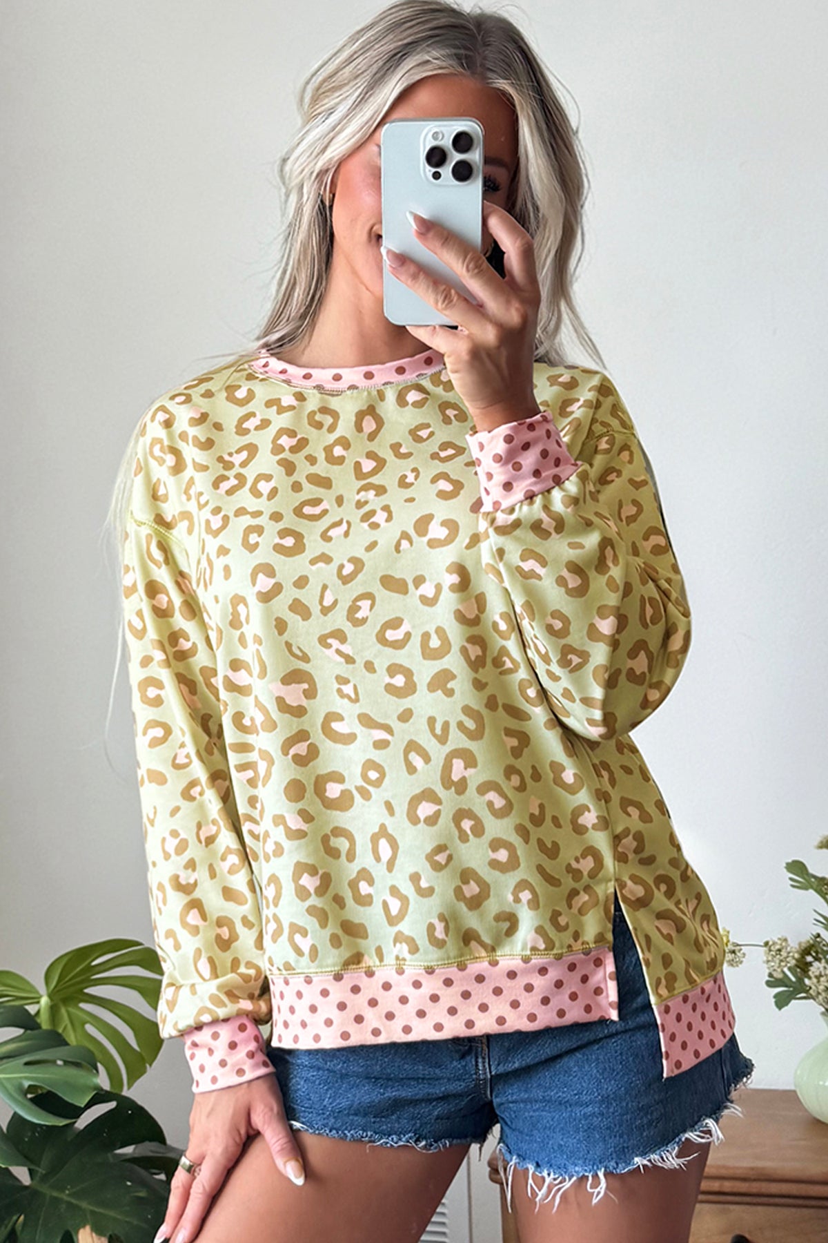 Pink Leopard Polka Dot Colorblock Trim Long Sleeve Top