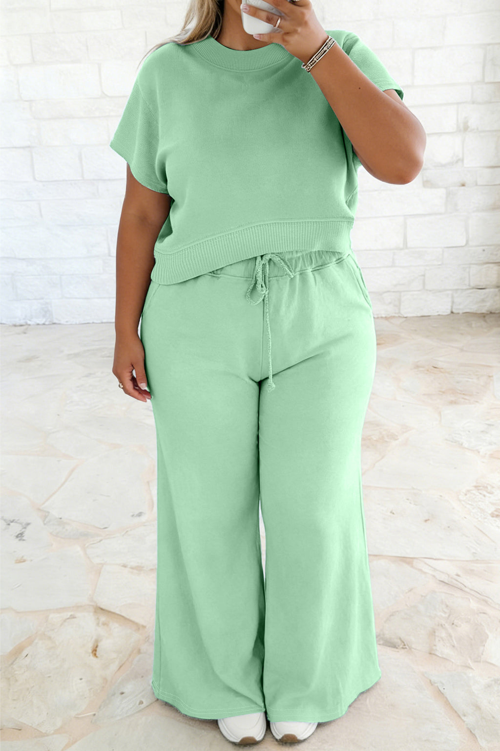 Clearly Aqua Solid Color Ribbed Trim Short Sleeve Top Drawstring Loose Pants 2pcs Outfit