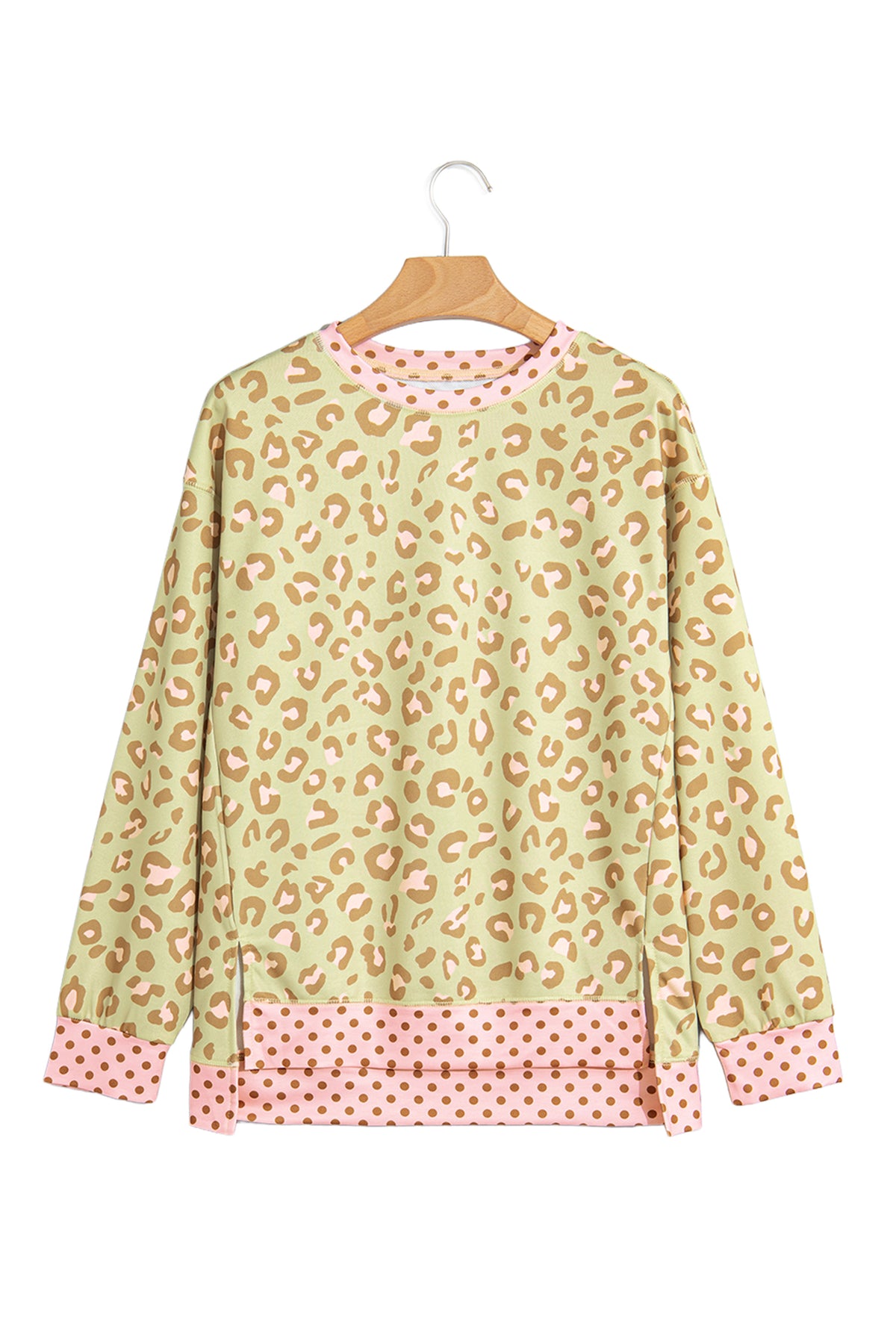Pink Leopard Polka Dot Colorblock Trim Long Sleeve Top