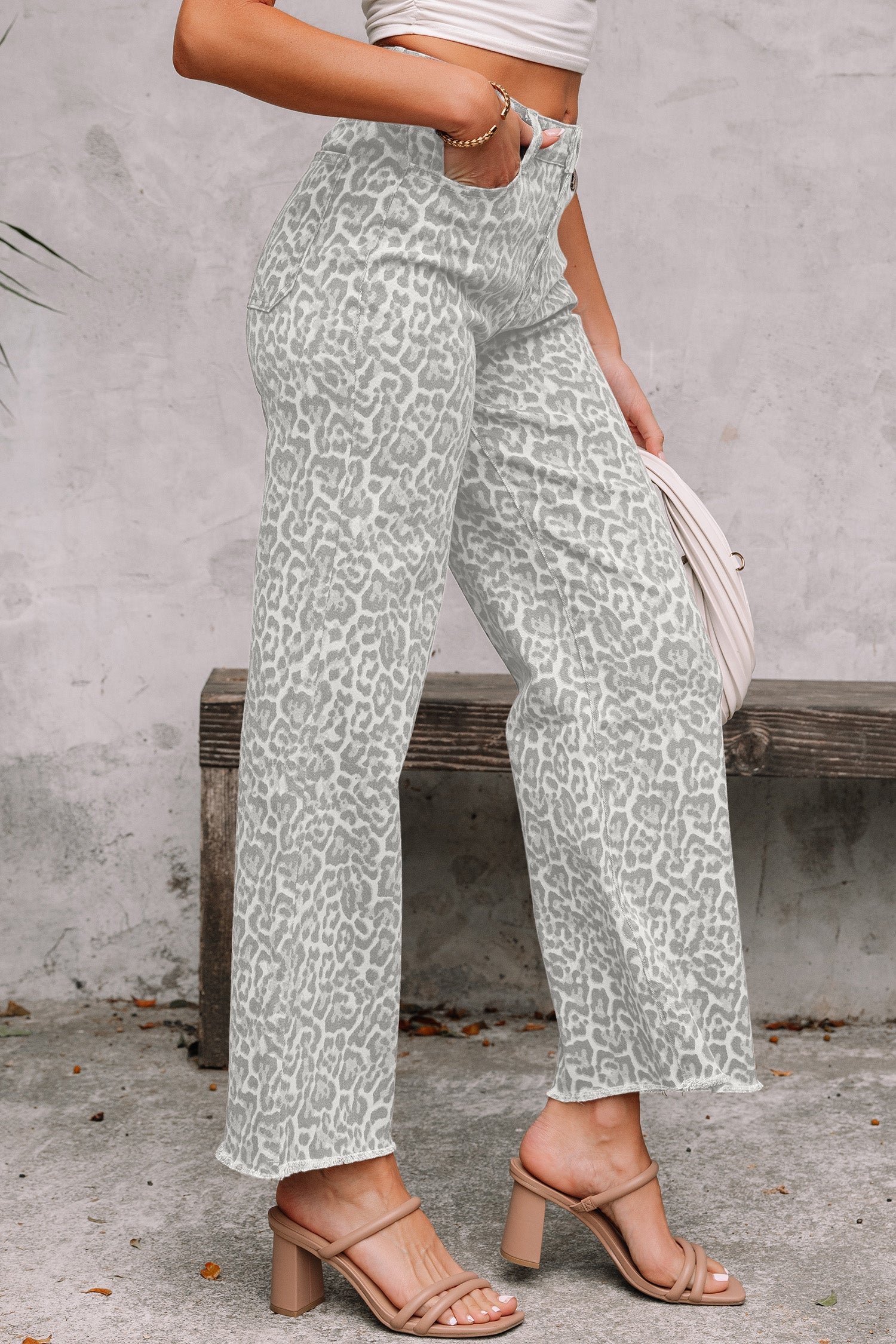 Rose Leopard Frayed Edge Wide Leg High Waist Jeans