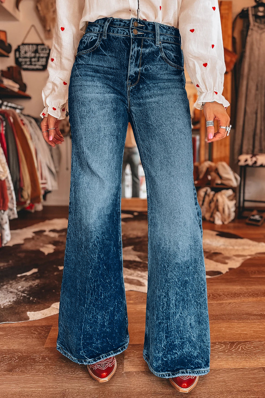 Beau Blue Acid Wash Pocket Detail Flare Jeans