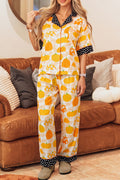 Orange Short Sleeve Pumpkin Print Polka Dot Trim Pocket Pocket Placket Home Wear Lounge Set
