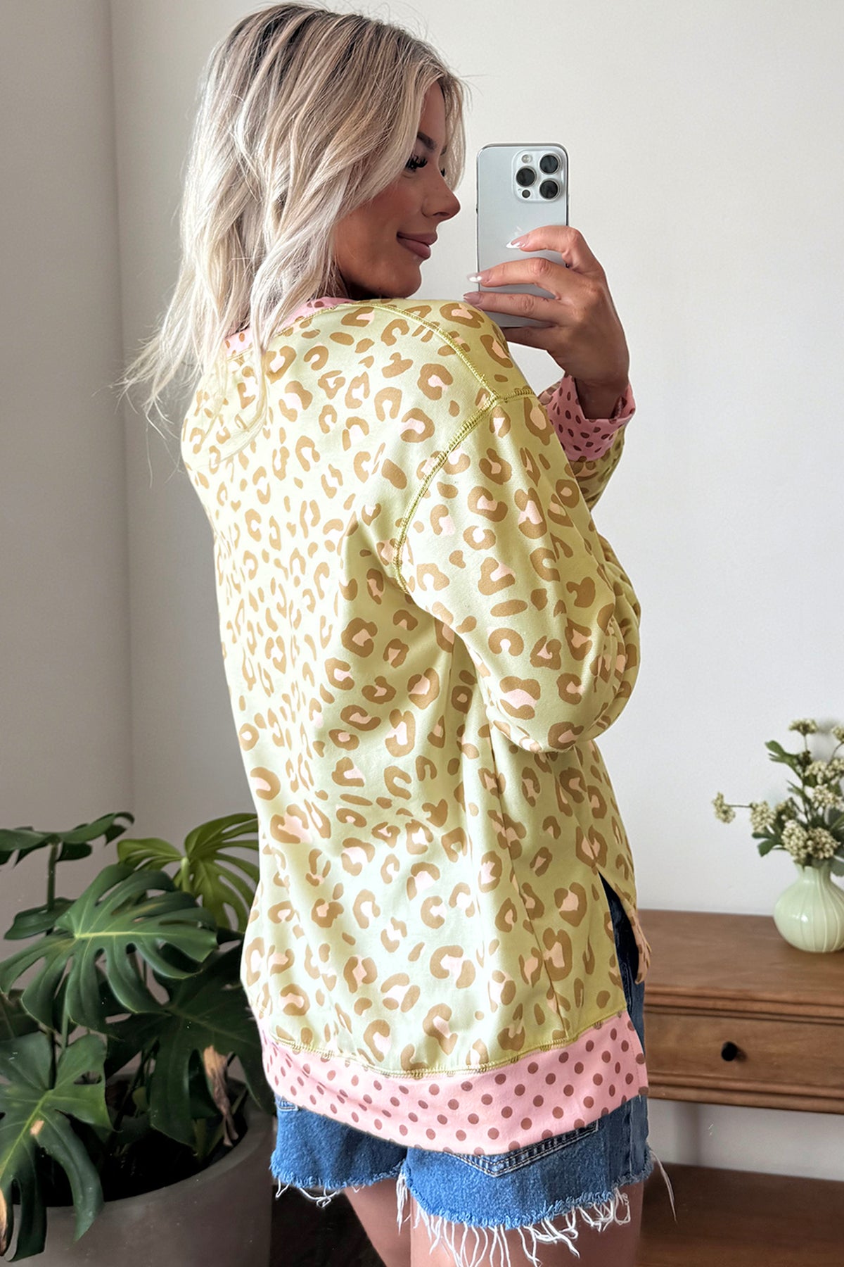 Pink Leopard Polka Dot Colorblock Trim Long Sleeve Top