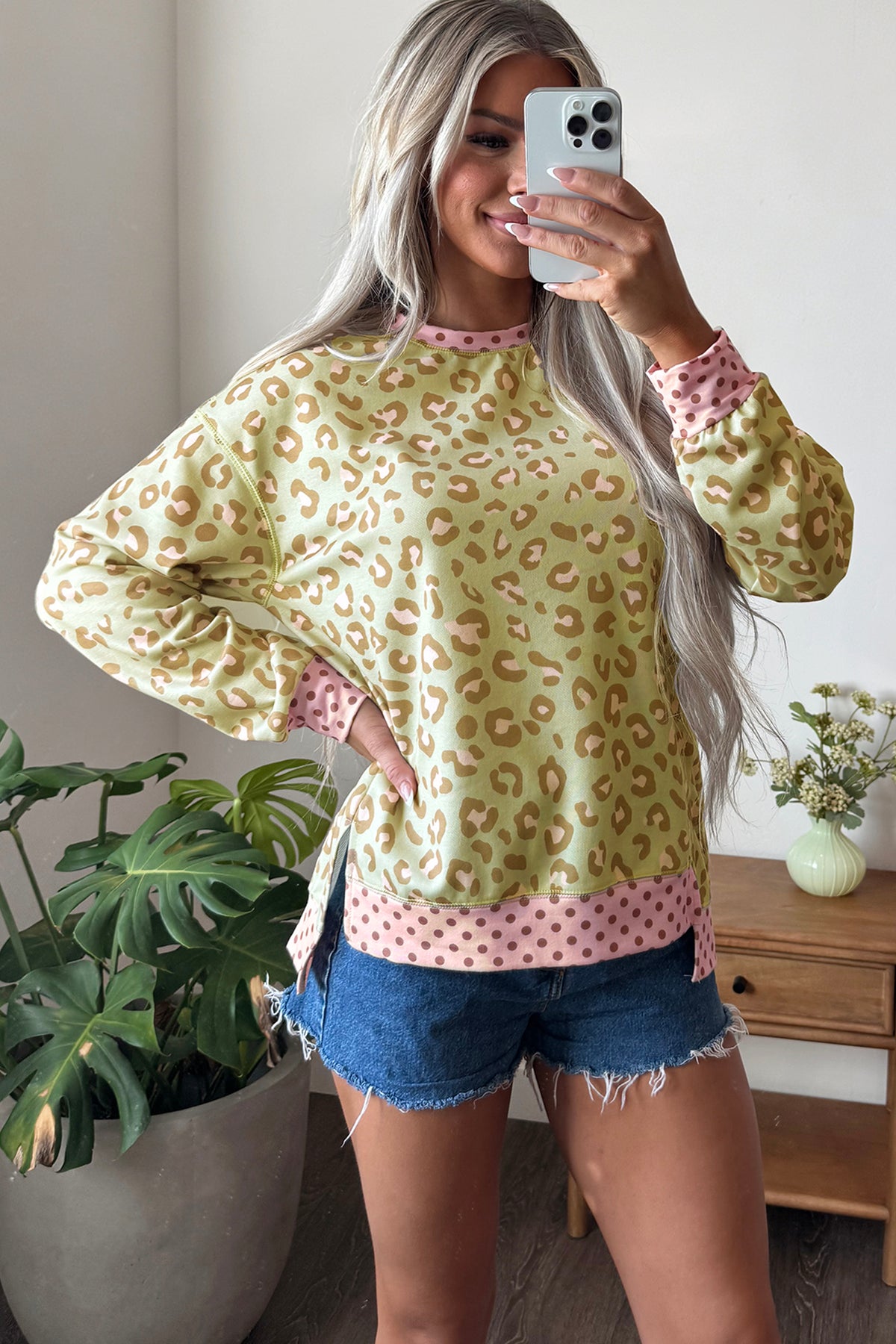 Pink Leopard Polka Dot Colorblock Trim Long Sleeve Top