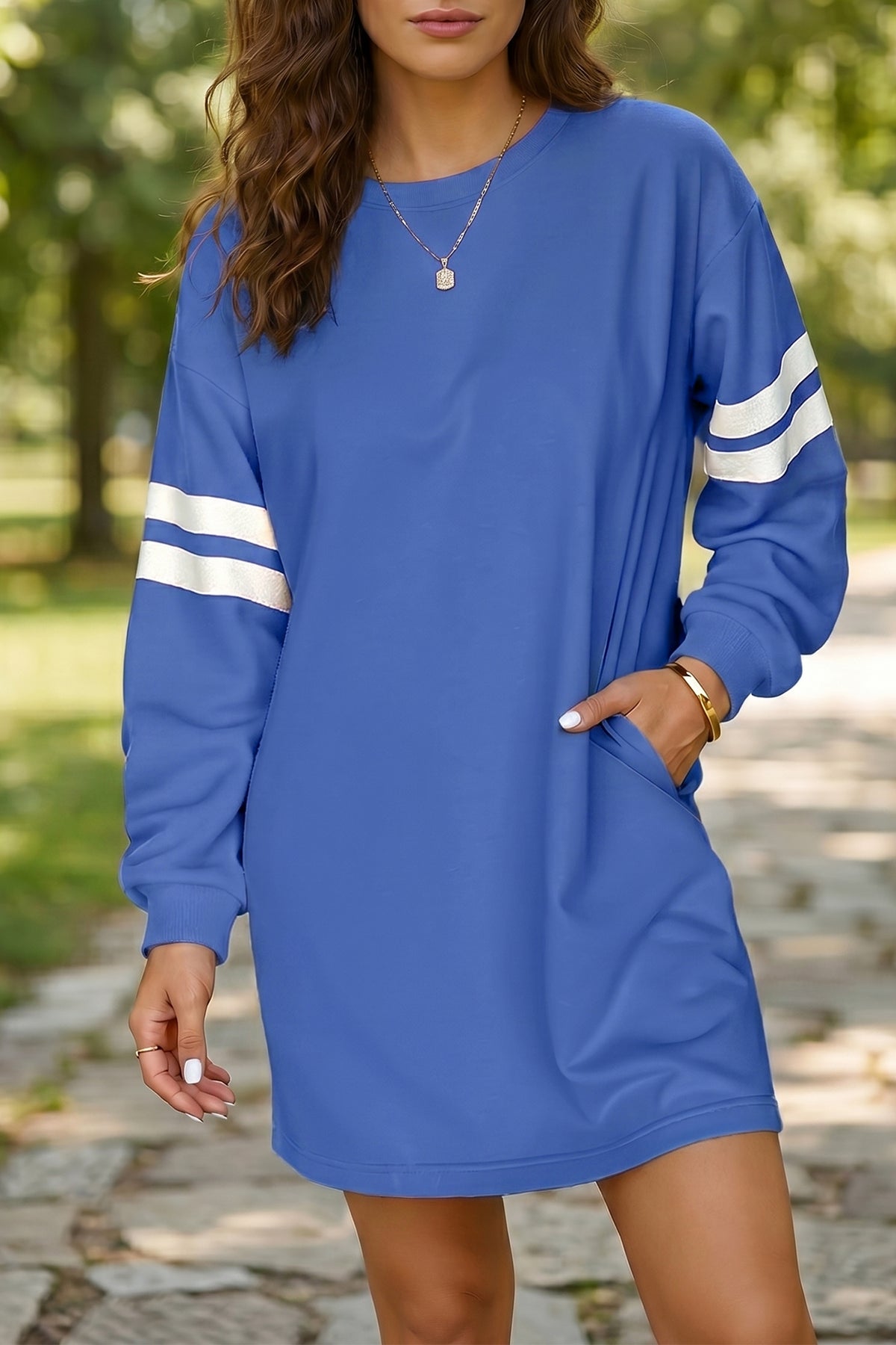 Fiery Red Varsity Contrast Banded Sleeve Shift Sweatshirt Dress
