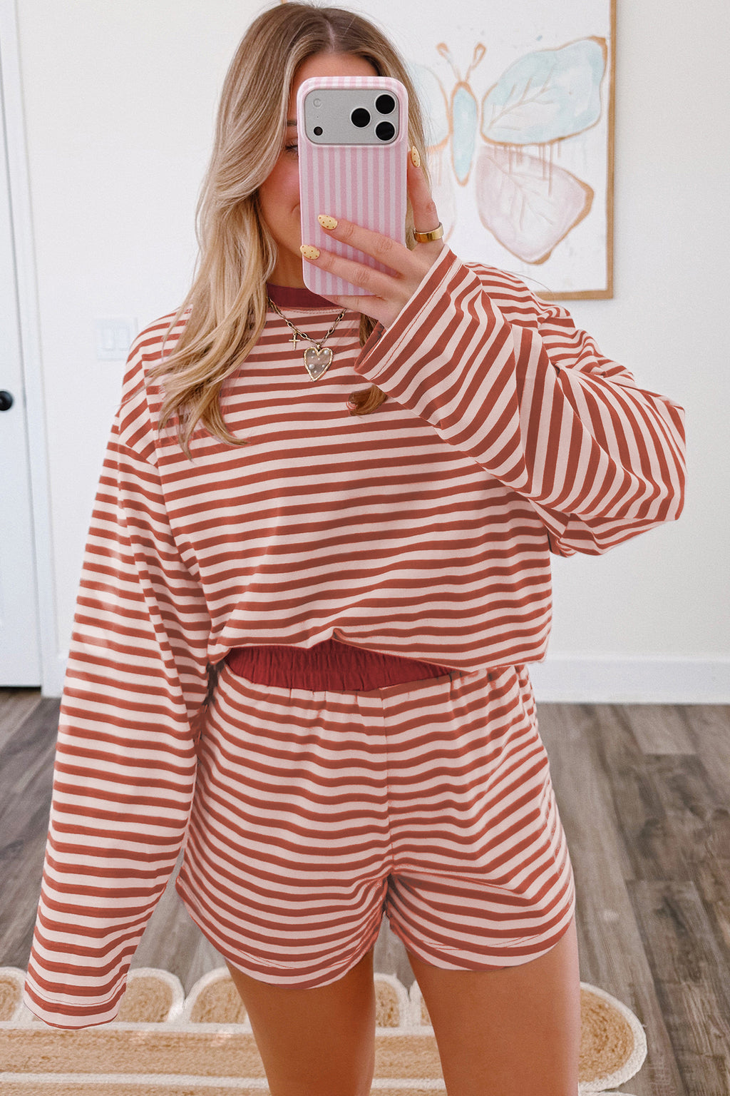 Brown Stripe Relaxed Long Sleeve Top Contrast Elastic Waistband Short Set