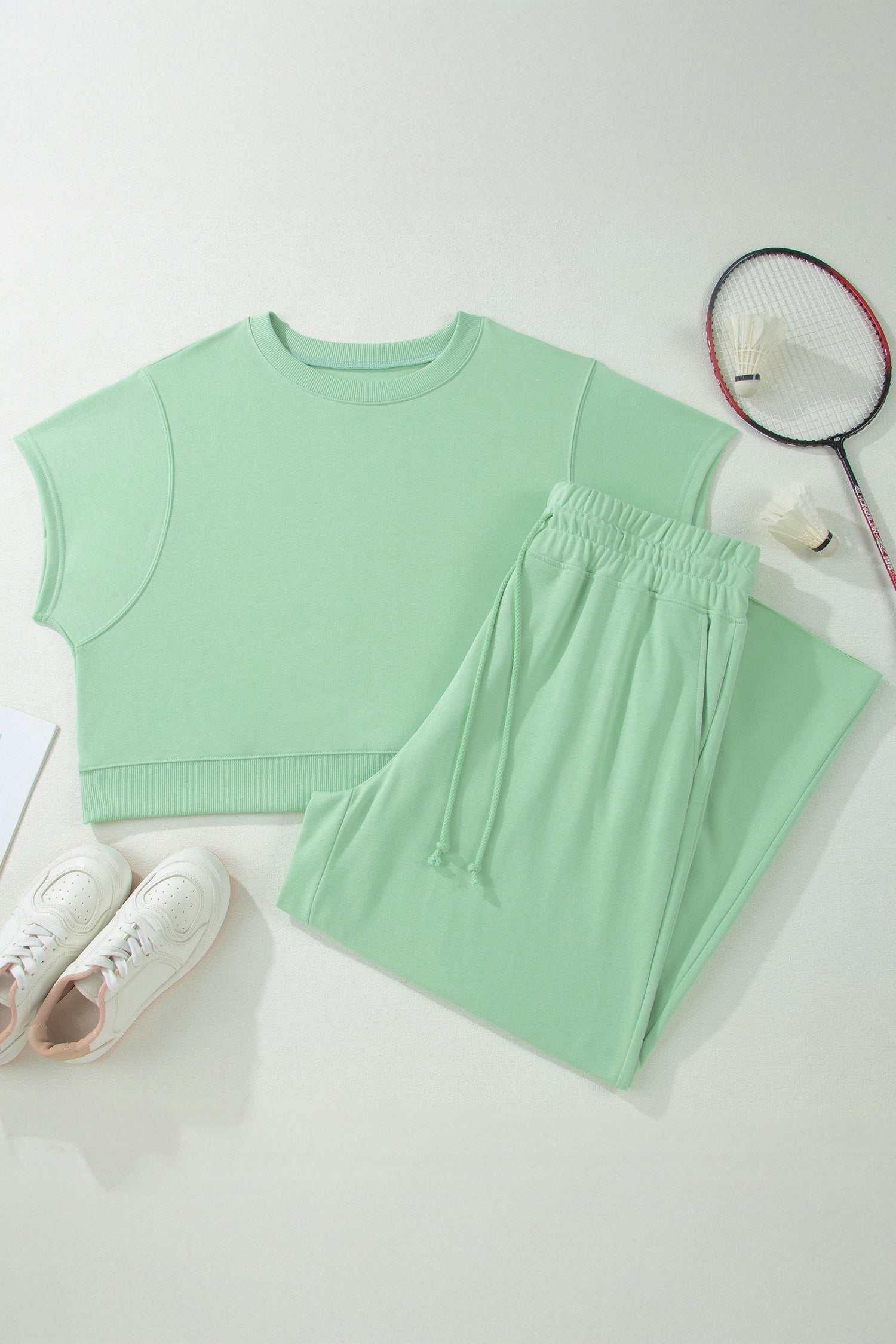 Clearly Aqua Solid Color Ribbed Trim Short Sleeve Top Drawstring Loose Pants 2pcs Outfit
