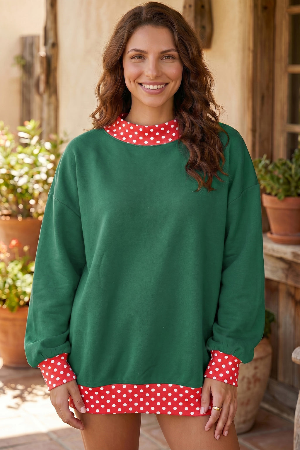 Pink Colorblock Polka Dot Contrast Trim Oversized Sweatshirt