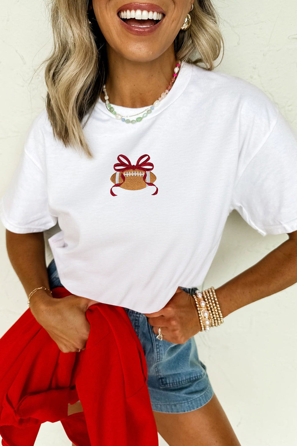 White Embroidered Bow Rugby Graphic Casual T-Shirt