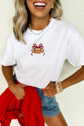 White Embroidered Bow Rugby Graphic Casual T-Shirt