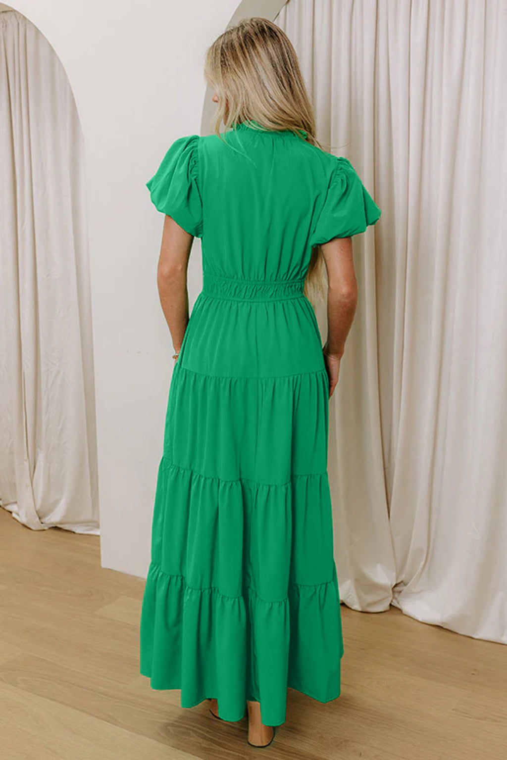 Clearly Aqua Solid Color V Neck Short Puff Sleeve High Waist Tiered Maxi Dress