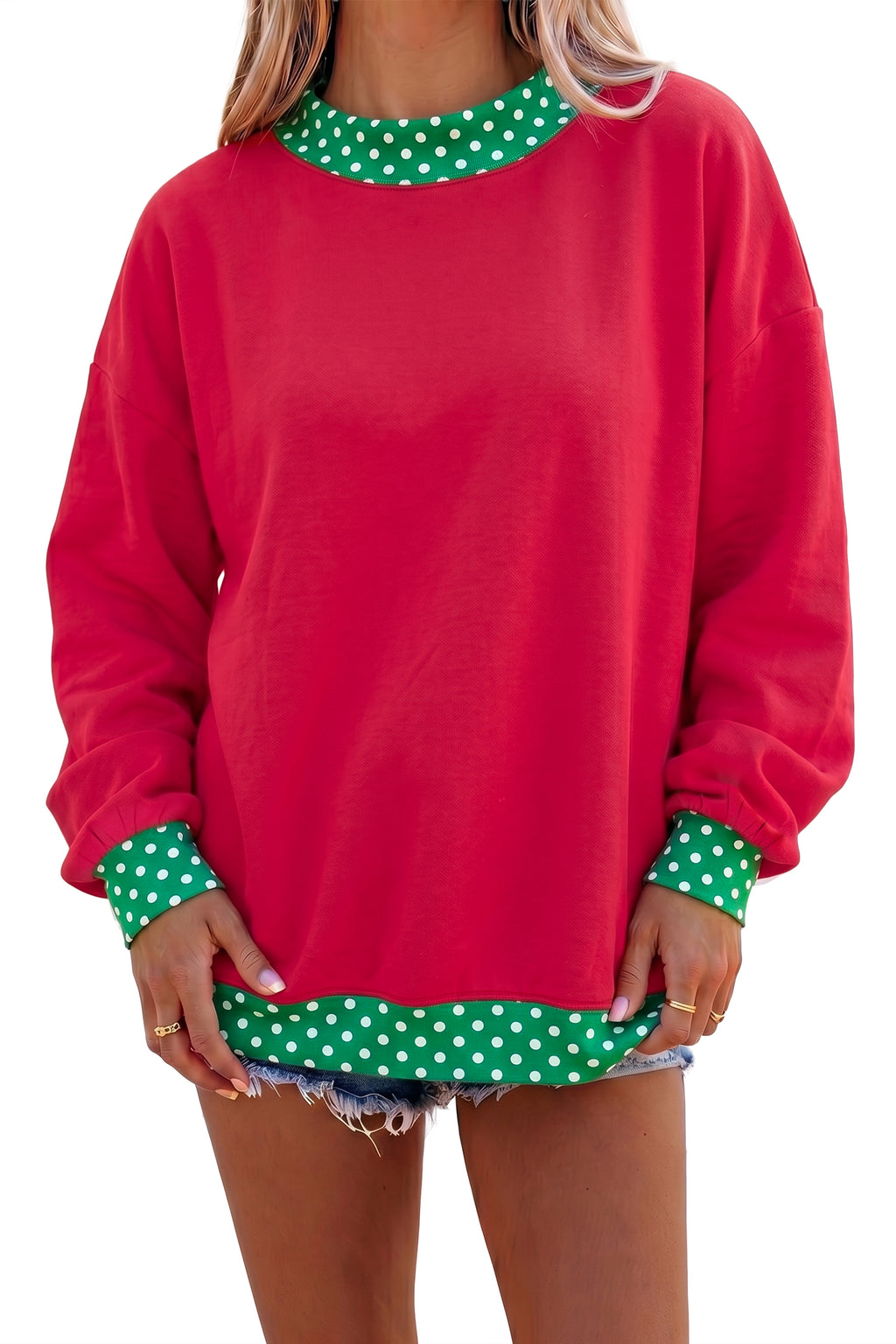 Pink Colorblock Polka Dot Contrast Trim Oversized Sweatshirt