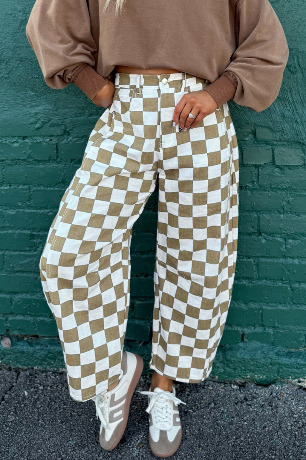 White Checkered Print Denim Barrel Pants