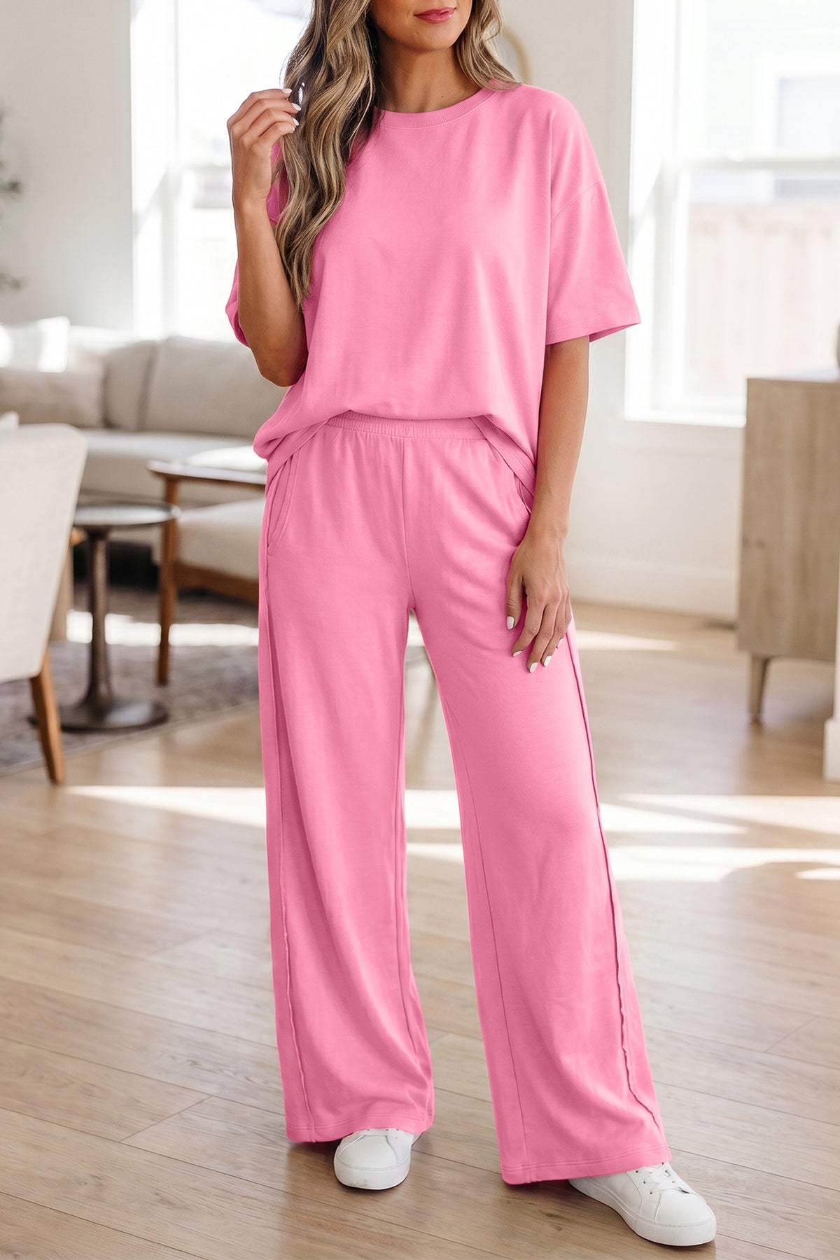 Green Solid Cover Oversize Tee Pocketed Casual Pants 2pcs Outfit