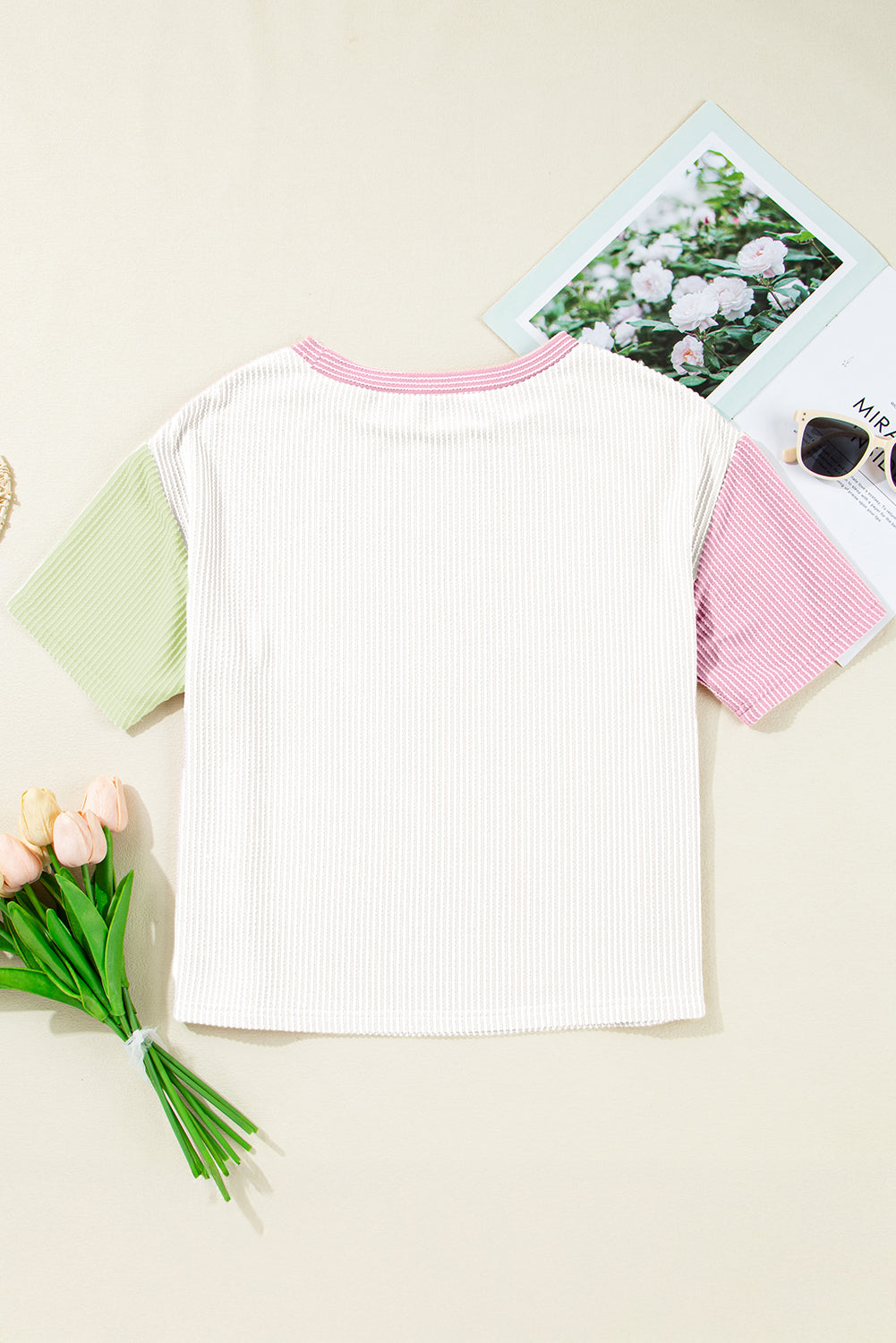 White Corded Colorblock Crewneck Tee