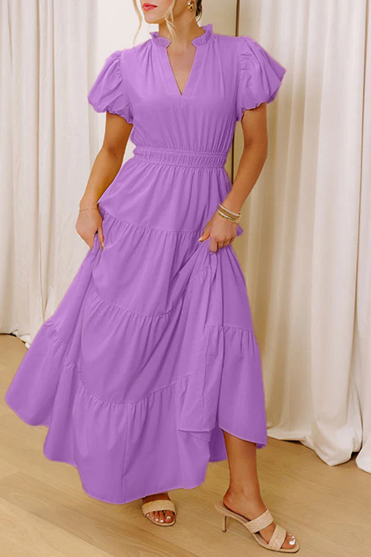 Clearly Aqua Solid Color V Neck Short Puff Sleeve High Waist Tiered Maxi Dress