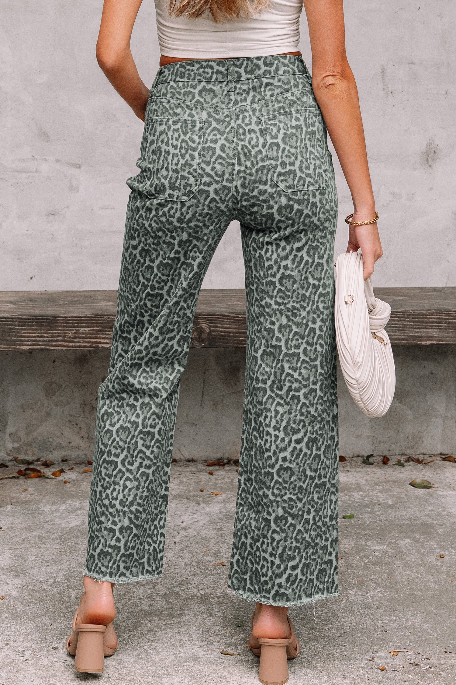 Rose Leopard Frayed Edge Wide Leg High Waist Jeans
